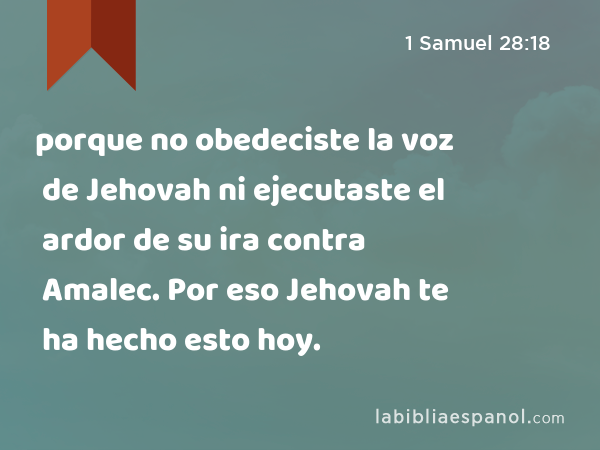 porque no obedeciste la voz de Jehovah ni ejecutaste el ardor de su ira contra Amalec. Por eso Jehovah te ha hecho esto hoy. - 1 Samuel 28:18