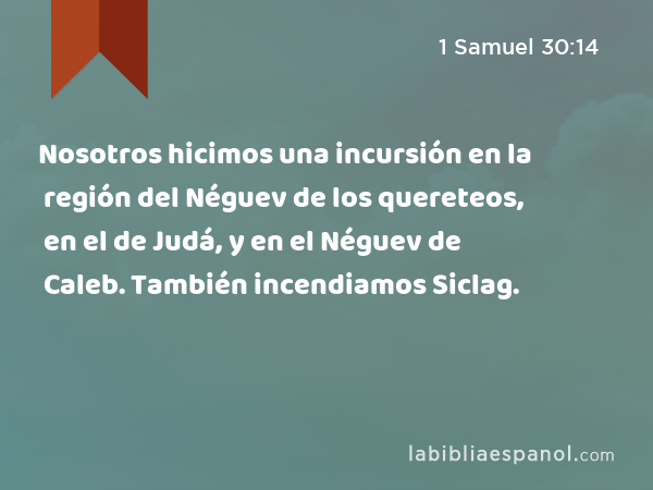 Nosotros hicimos una incursión en la región del Néguev de los quereteos, en el de Judá, y en el Néguev de Caleb. También incendiamos Siclag. - 1 Samuel 30:14