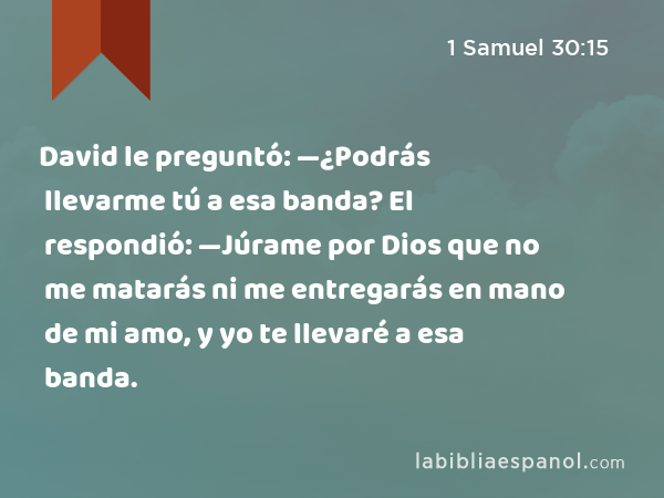 David le preguntó: —¿Podrás llevarme tú a esa banda? El respondió: —Júrame por Dios que no me matarás ni me entregarás en mano de mi amo, y yo te llevaré a esa banda. - 1 Samuel 30:15