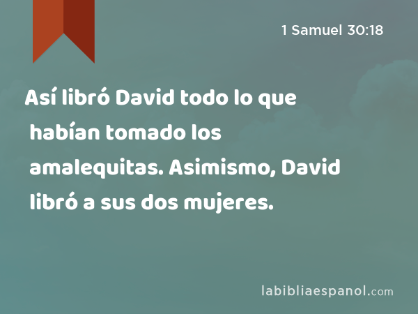 Así libró David todo lo que habían tomado los amalequitas. Asimismo, David libró a sus dos mujeres. - 1 Samuel 30:18