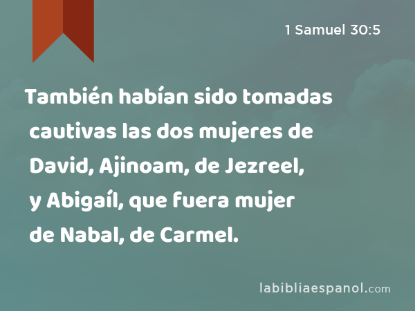 También habían sido tomadas cautivas las dos mujeres de David, Ajinoam, de Jezreel, y Abigaíl, que fuera mujer de Nabal, de Carmel. - 1 Samuel 30:5