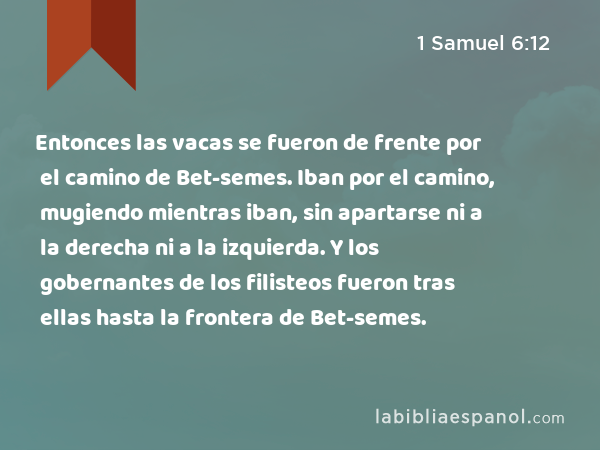 Entonces las vacas se fueron de frente por el camino de Bet-semes. Iban por el camino, mugiendo mientras iban, sin apartarse ni a la derecha ni a la izquierda. Y los gobernantes de los filisteos fueron tras ellas hasta la frontera de Bet-semes. - 1 Samuel 6:12