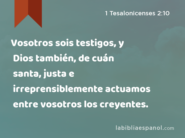 Vosotros sois testigos, y Dios también, de cuán santa, justa e irreprensiblemente actuamos entre vosotros los creyentes. - 1 Tesalonicenses 2:10