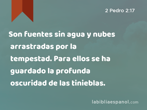 Son fuentes sin agua y nubes arrastradas por la tempestad. Para ellos se ha guardado la profunda oscuridad de las tinieblas. - 2 Pedro 2:17