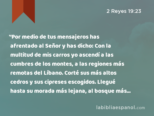 '‘Por medio de tus mensajeros has afrentado al Señor y has dicho: Con la multitud de mis carros yo ascendí a las cumbres de los montes, a las regiones más remotas del Líbano. Corté sus más altos cedros y sus cipreses escogidos. Llegué hasta su morada más lejana, al bosque más exuberante. - 2 Reyes 19:23