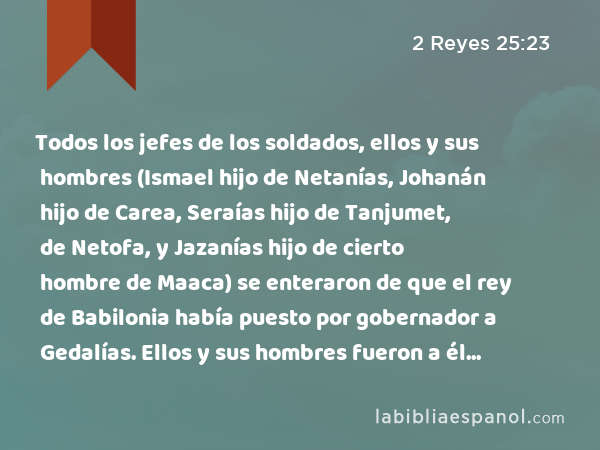 Todos los jefes de los soldados, ellos y sus hombres (Ismael hijo de Netanías, Johanán hijo de Carea, Seraías hijo de Tanjumet, de Netofa, y Jazanías hijo de cierto hombre de Maaca) se enteraron de que el rey de Babilonia había puesto por gobernador a Gedalías. Ellos y sus hombres fueron a él en Mizpa. - 2 Reyes 25:23