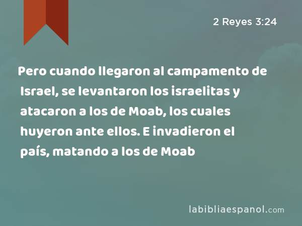 Pero cuando llegaron al campamento de Israel, se levantaron los israelitas y atacaron a los de Moab, los cuales huyeron ante ellos. E invadieron el país, matando a los de Moab - 2 Reyes 3:24