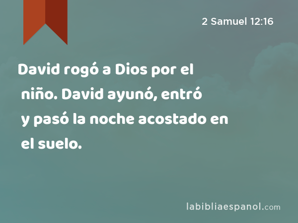 David rogó a Dios por el niño. David ayunó, entró y pasó la noche acostado en el suelo. - 2 Samuel 12:16