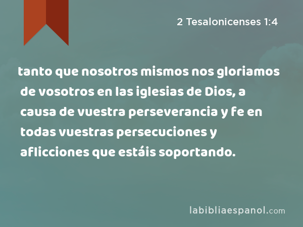 tanto que nosotros mismos nos gloriamos de vosotros en las iglesias de Dios, a causa de vuestra perseverancia y fe en todas vuestras persecuciones y aflicciones que estáis soportando. - 2 Tesalonicenses 1:4