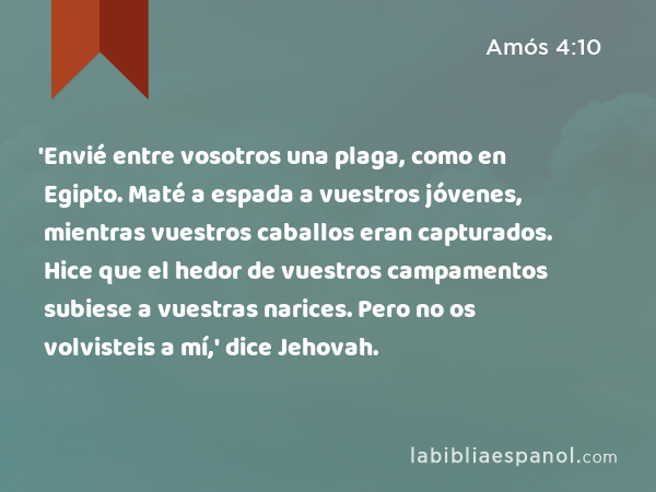 'Envié entre vosotros una plaga, como en Egipto. Maté a espada a vuestros jóvenes, mientras vuestros caballos eran capturados. Hice que el hedor de vuestros campamentos subiese a vuestras narices. Pero no os volvisteis a mí,' dice Jehovah. - Amós 4:10