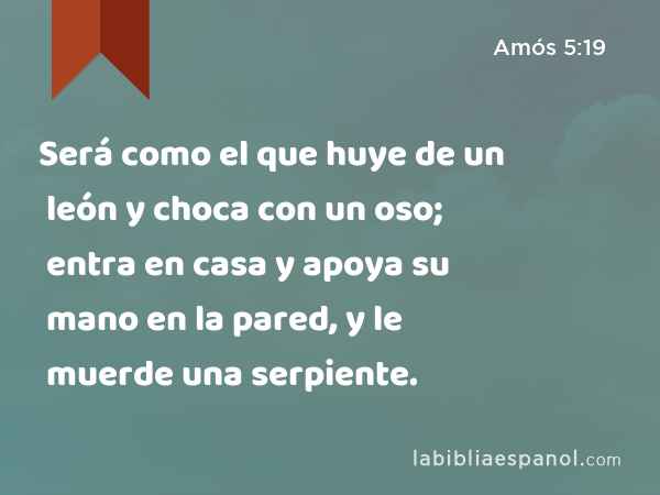 Será como el que huye de un león y choca con un oso; entra en casa y apoya su mano en la pared, y le muerde una serpiente. - Amós 5:19