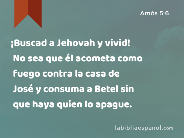 ¡Buscad a Jehovah y vivid! No sea que él acometa como fuego contra la casa de José y consuma a Betel sin que haya quien lo apague. - Amós 5:6