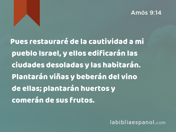 Pues restauraré de la cautividad a mi pueblo Israel, y ellos edificarán las ciudades desoladas y las habitarán. Plantarán viñas y beberán del vino de ellas; plantarán huertos y comerán de sus frutos. - Amós 9:14