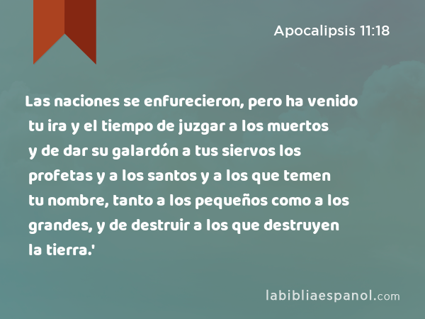 Las naciones se enfurecieron, pero ha venido tu ira y el tiempo de juzgar a los muertos y de dar su galardón a tus siervos los profetas y a los santos y a los que temen tu nombre, tanto a los pequeños como a los grandes, y de destruir a los que destruyen la tierra.' - Apocalipsis 11:18