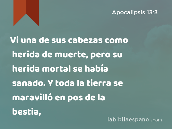 Vi una de sus cabezas como herida de muerte, pero su herida mortal se había sanado. Y toda la tierra se maravilló en pos de la bestia, - Apocalipsis 13:3