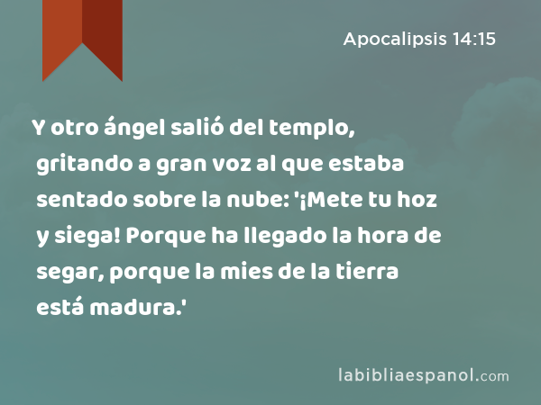 Y otro ángel salió del templo, gritando a gran voz al que estaba sentado sobre la nube: '¡Mete tu hoz y siega! Porque ha llegado la hora de segar, porque la mies de la tierra está madura.' - Apocalipsis 14:15