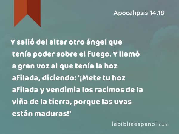 Y salió del altar otro ángel que tenía poder sobre el fuego. Y llamó a gran voz al que tenía la hoz afilada, diciendo: '¡Mete tu hoz afilada y vendimia los racimos de la viña de la tierra, porque las uvas están maduras!' - Apocalipsis 14:18