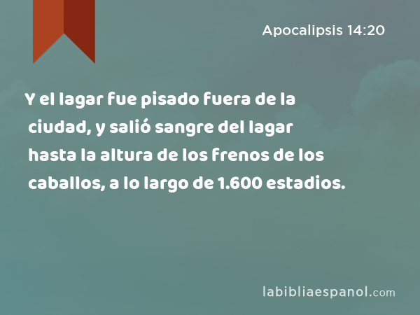 Y el lagar fue pisado fuera de la ciudad, y salió sangre del lagar hasta la altura de los frenos de los caballos, a lo largo de 1.600 estadios. - Apocalipsis 14:20