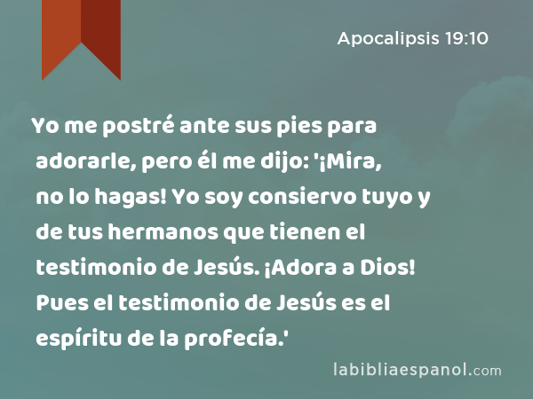 Yo me postré ante sus pies para adorarle, pero él me dijo: '¡Mira, no lo hagas! Yo soy consiervo tuyo y de tus hermanos que tienen el testimonio de Jesús. ¡Adora a Dios! Pues el testimonio de Jesús es el espíritu de la profecía.' - Apocalipsis 19:10