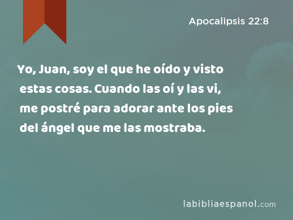 Yo, Juan, soy el que he oído y visto estas cosas. Cuando las oí y las vi, me postré para adorar ante los pies del ángel que me las mostraba. - Apocalipsis 22:8