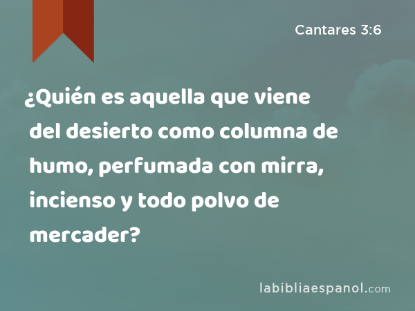 ¿Quién es aquella que viene del desierto como columna de humo, perfumada con mirra, incienso y todo polvo de mercader? - Cantares 3:6