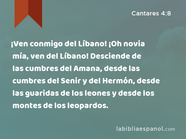 ¡Ven conmigo del Líbano! ¡Oh novia mía, ven del Líbano! Desciende de las cumbres del Amana, desde las cumbres del Senir y del Hermón, desde las guaridas de los leones y desde los montes de los leopardos. - Cantares 4:8