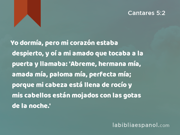 Yo dormía, pero mi corazón estaba despierto, y oí a mi amado que tocaba a la puerta y llamaba: 'Abreme, hermana mía, amada mía, paloma mía, perfecta mía; porque mi cabeza está llena de rocío y mis cabellos están mojados con las gotas de la noche.' - Cantares 5:2