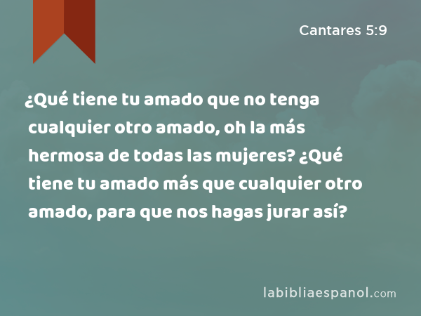 ¿Qué tiene tu amado que no tenga cualquier otro amado, oh la más hermosa de todas las mujeres? ¿Qué tiene tu amado más que cualquier otro amado, para que nos hagas jurar así? - Cantares 5:9