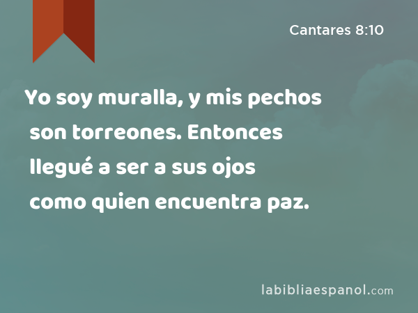 Yo soy muralla, y mis pechos son torreones. Entonces llegué a ser a sus ojos como quien encuentra paz. - Cantares 8:10