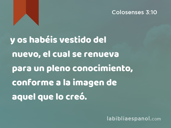 y os habéis vestido del nuevo, el cual se renueva para un pleno conocimiento, conforme a la imagen de aquel que lo creó. - Colosenses 3:10