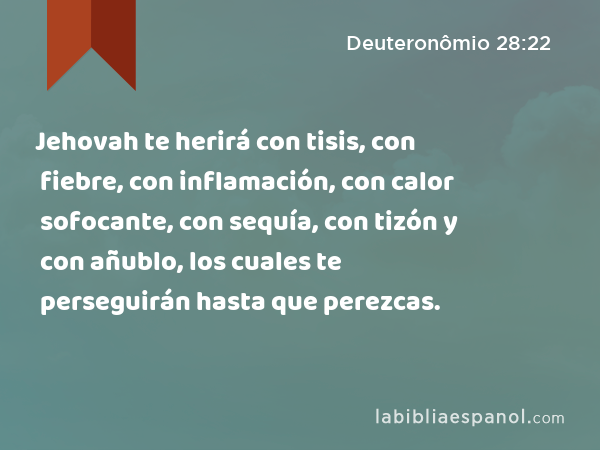 Jehovah te herirá con tisis, con fiebre, con inflamación, con calor sofocante, con sequía, con tizón y con añublo, los cuales te perseguirán hasta que perezcas. - Deuteronômio 28:22