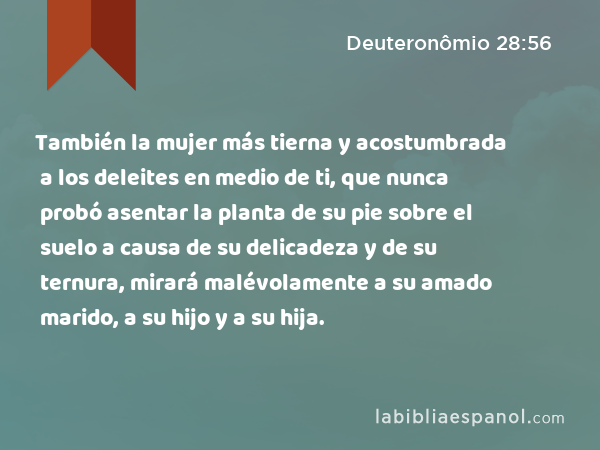 También la mujer más tierna y acostumbrada a los deleites en medio de ti, que nunca probó asentar la planta de su pie sobre el suelo a causa de su delicadeza y de su ternura, mirará malévolamente a su amado marido, a su hijo y a su hija. - Deuteronômio 28:56