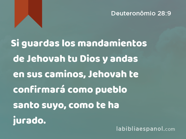 Si guardas los mandamientos de Jehovah tu Dios y andas en sus caminos, Jehovah te confirmará como pueblo santo suyo, como te ha jurado. - Deuteronômio 28:9