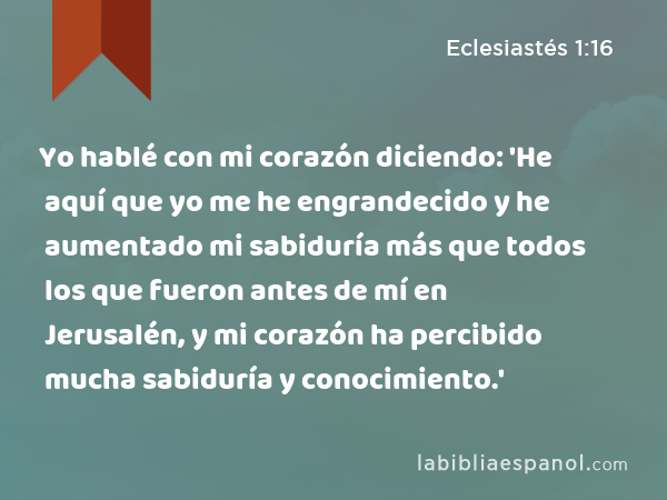 Yo hablé con mi corazón diciendo: 'He aquí que yo me he engrandecido y he aumentado mi sabiduría más que todos los que fueron antes de mí en Jerusalén, y mi corazón ha percibido mucha sabiduría y conocimiento.' - Eclesiastés 1:16