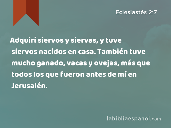 Adquirí siervos y siervas, y tuve siervos nacidos en casa. También tuve mucho ganado, vacas y ovejas, más que todos los que fueron antes de mí en Jerusalén. - Eclesiastés 2:7