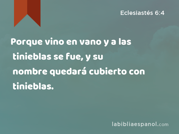 Porque vino en vano y a las tinieblas se fue, y su nombre quedará cubierto con tinieblas. - Eclesiastés 6:4