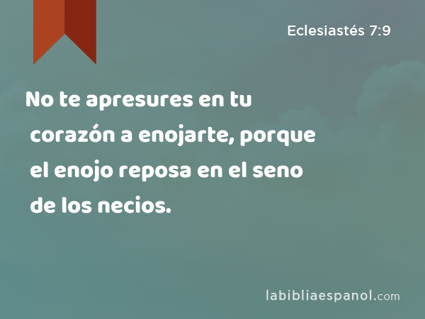 No te apresures en tu corazón a enojarte, porque el enojo reposa en el seno de los necios. - Eclesiastés 7:9