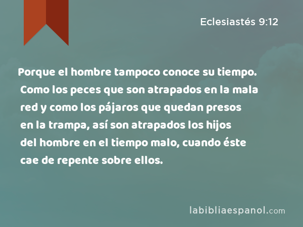 Porque el hombre tampoco conoce su tiempo. Como los peces que son atrapados en la mala red y como los pájaros que quedan presos en la trampa, así son atrapados los hijos del hombre en el tiempo malo, cuando éste cae de repente sobre ellos. - Eclesiastés 9:12