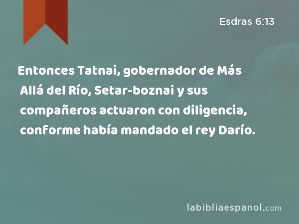 Entonces Tatnai, gobernador de Más Allá del Río, Setar-boznai y sus compañeros actuaron con diligencia, conforme había mandado el rey Darío. - Esdras 6:13