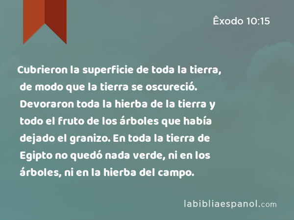 Cubrieron la superficie de toda la tierra, de modo que la tierra se oscureció. Devoraron toda la hierba de la tierra y todo el fruto de los árboles que había dejado el granizo. En toda la tierra de Egipto no quedó nada verde, ni en los árboles, ni en la hierba del campo. - Êxodo 10:15