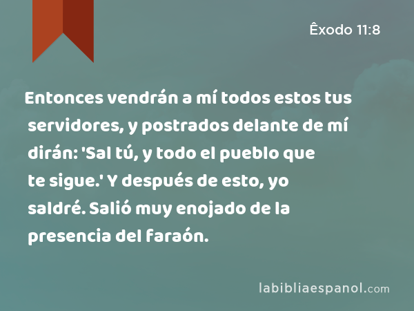 Entonces vendrán a mí todos estos tus servidores, y postrados delante de mí dirán: 'Sal tú, y todo el pueblo que te sigue.' Y después de esto, yo saldré. Salió muy enojado de la presencia del faraón. - Êxodo 11:8