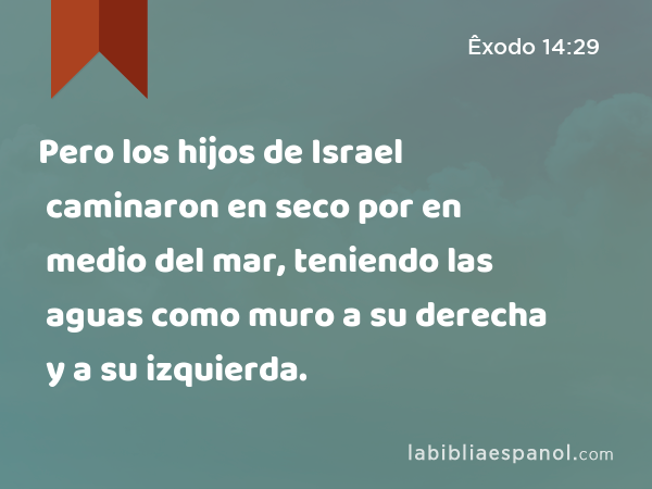 Pero los hijos de Israel caminaron en seco por en medio del mar, teniendo las aguas como muro a su derecha y a su izquierda. - Êxodo 14:29