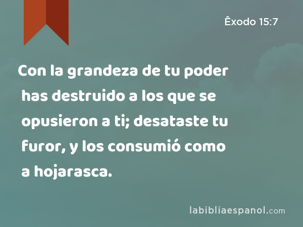 Con la grandeza de tu poder has destruido a los que se opusieron a ti; desataste tu furor, y los consumió como a hojarasca. - Êxodo 15:7