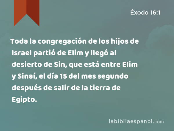 Toda la congregación de los hijos de Israel partió de Elim y llegó al desierto de Sin, que está entre Elim y Sinaí, el día 15 del mes segundo después de salir de la tierra de Egipto. - Êxodo 16:1