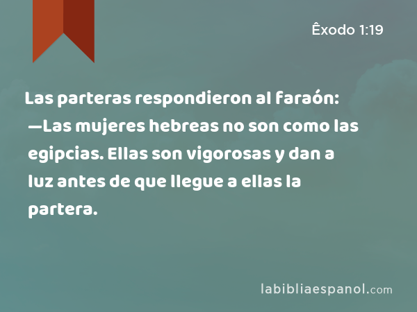 Las parteras respondieron al faraón: —Las mujeres hebreas no son como las egipcias. Ellas son vigorosas y dan a luz antes de que llegue a ellas la partera. - Êxodo 1:19