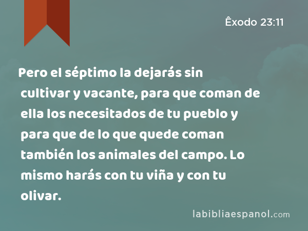 Pero el séptimo la dejarás sin cultivar y vacante, para que coman de ella los necesitados de tu pueblo y para que de lo que quede coman también los animales del campo. Lo mismo harás con tu viña y con tu olivar. - Êxodo 23:11