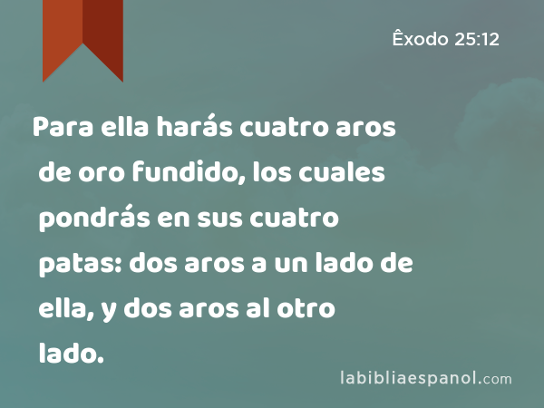 Para ella harás cuatro aros de oro fundido, los cuales pondrás en sus cuatro patas: dos aros a un lado de ella, y dos aros al otro lado. - Êxodo 25:12