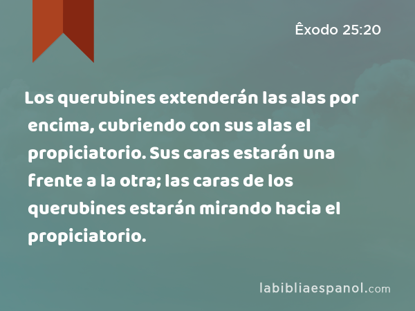 Los querubines extenderán las alas por encima, cubriendo con sus alas el propiciatorio. Sus caras estarán una frente a la otra; las caras de los querubines estarán mirando hacia el propiciatorio. - Êxodo 25:20