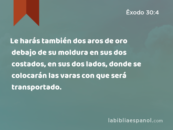 Le harás también dos aros de oro debajo de su moldura en sus dos costados, en sus dos lados, donde se colocarán las varas con que será transportado. - Êxodo 30:4