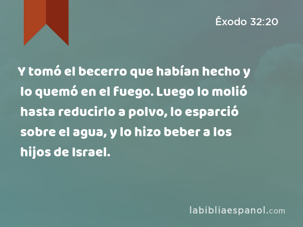 Y tomó el becerro que habían hecho y lo quemó en el fuego. Luego lo molió hasta reducirlo a polvo, lo esparció sobre el agua, y lo hizo beber a los hijos de Israel. - Êxodo 32:20